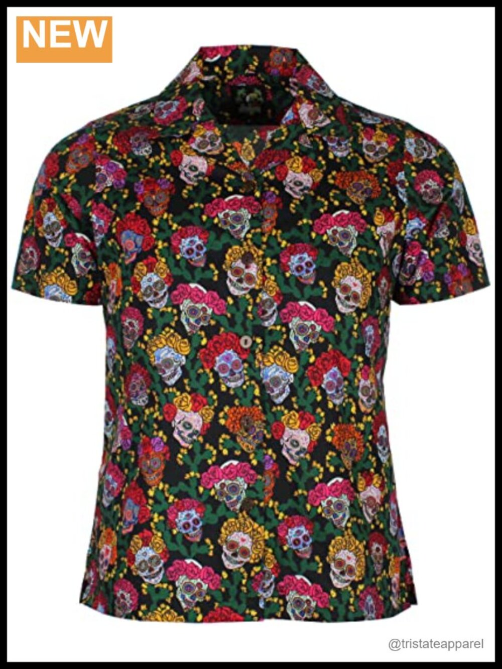 Women's Sugar Skulls Camp Shirt Button Down Floral Short Sleeve Cotton Spandex